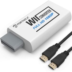 PORTHOLIC Wii Adapter HDMI Adapter to HDMI Converter with 1080P/720P Input and Output Video and Audio 3.5 mm + HDMI Cable for All Display Modes (White)