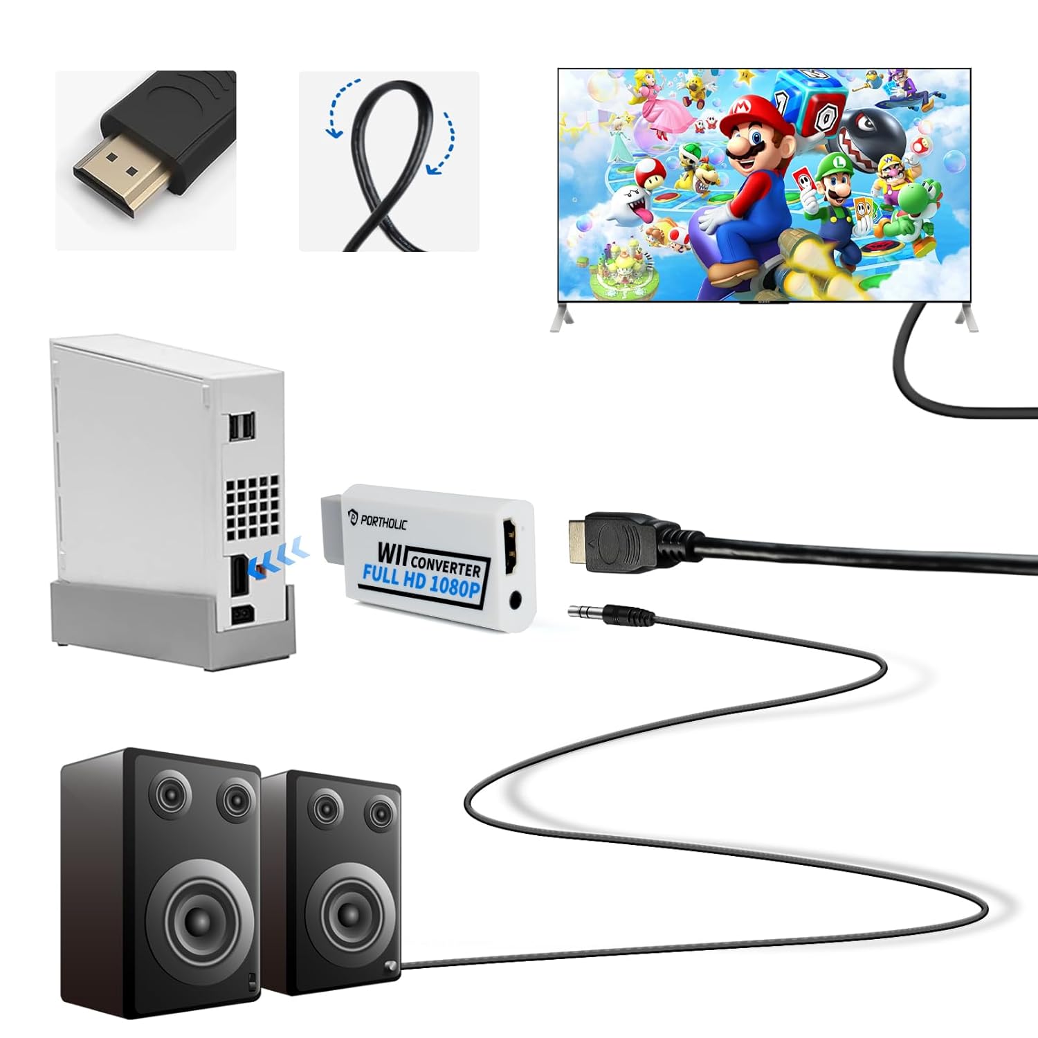 PORTHOLIC Wii Adapter HDMI Adapter to HDMI Converter with 1080P/720P Input and Output Video and Audio 3.5 mm + HDMI Cable for All Display Modes (White)
