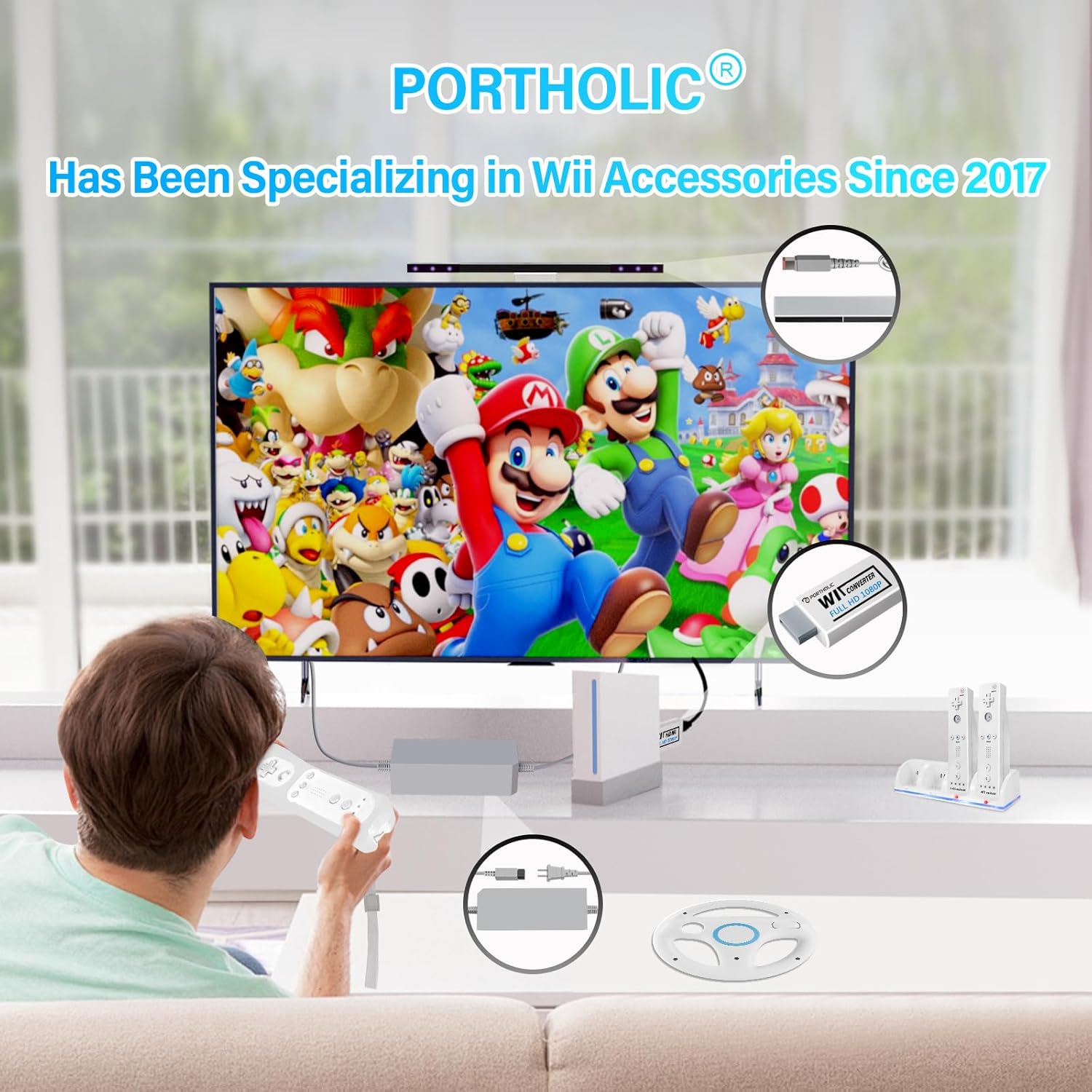 PORTHOLIC Wii Adapter HDMI Adapter to HDMI Converter with 1080P/720P Input and Output Video and Audio 3.5 mm + HDMI Cable for All Display Modes (White)