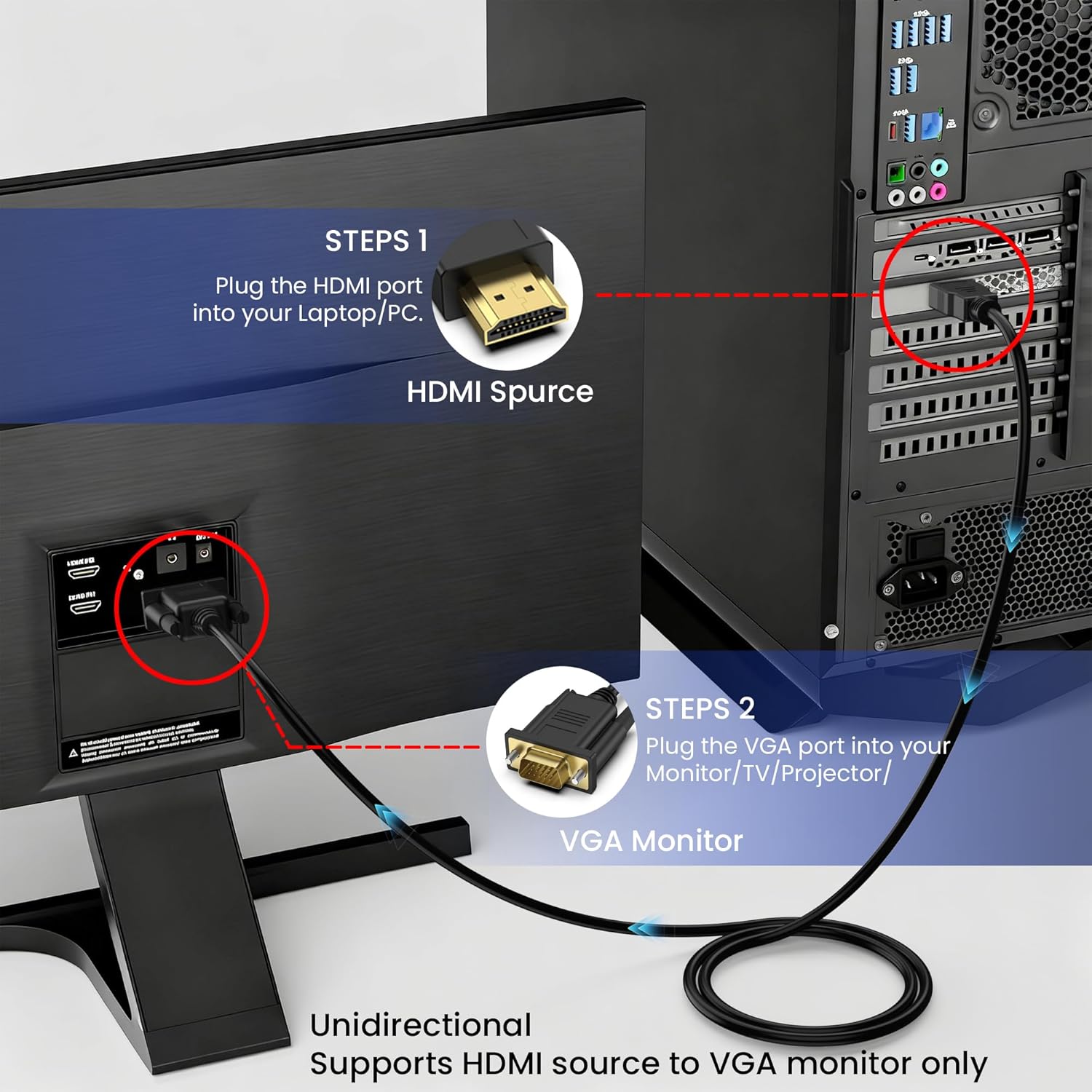 Wanme HDMI to VGA Cable, 1080P@60Hz Uni-Directional HDMI Source to VGA Display Cable (Male to Male) Compatible for Computer, Desktop, Laptop, PC, Monitor, Projector, HDTV, Roku, Xbox, PS5 (3.3FT)