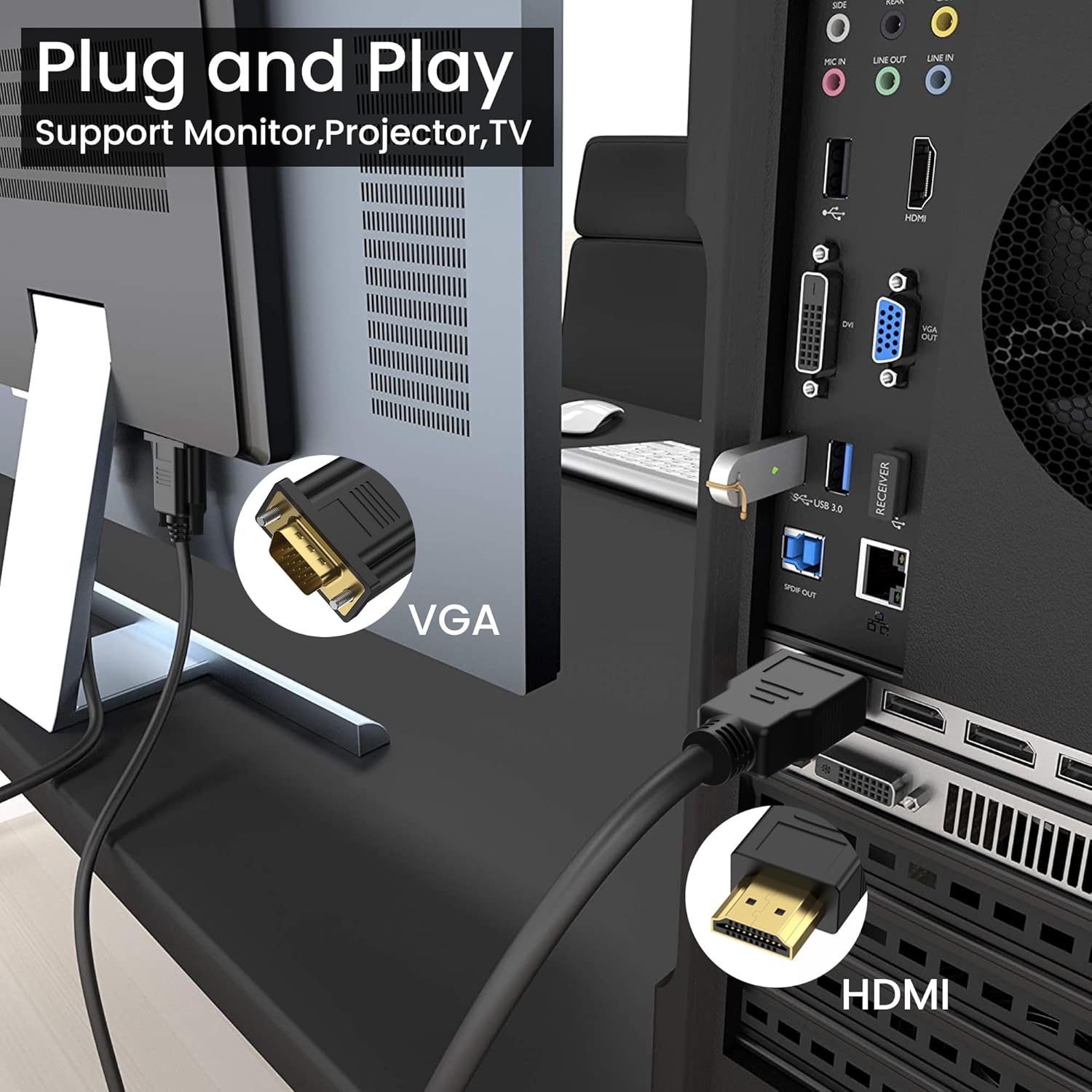 Wanme HDMI to VGA Cable, 1080P@60Hz Uni-Directional HDMI Source to VGA Display Cable (Male to Male) Compatible for Computer, Desktop, Laptop, PC, Monitor, Projector, HDTV, Roku, Xbox, PS5 (3.3FT)