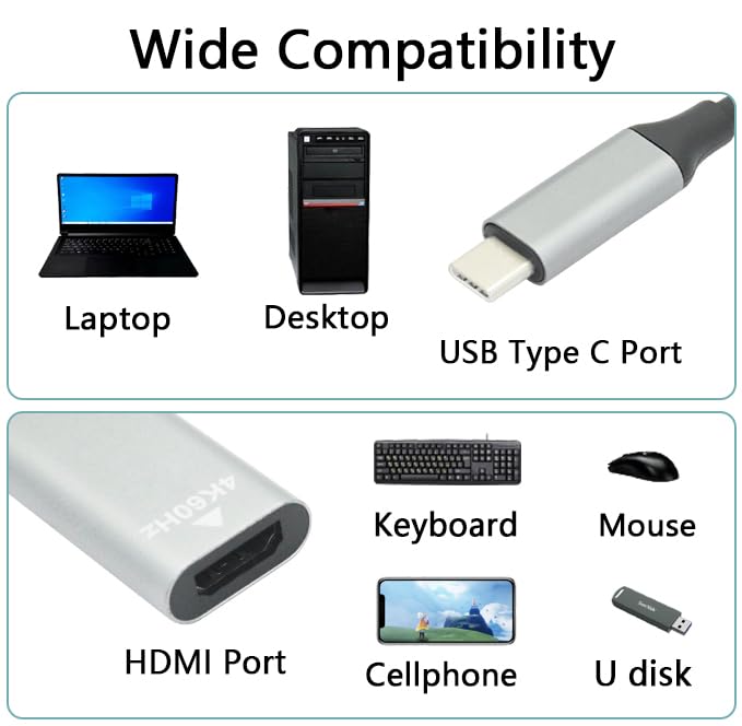 USB C to HDMI Adapter 3.9in Cable, 4K 60Hz Type C Male to HDMI Female Converter Adapter, Support USB C Port DP Alt Mode Output, for Mobile Phones, Tablets, Laptops