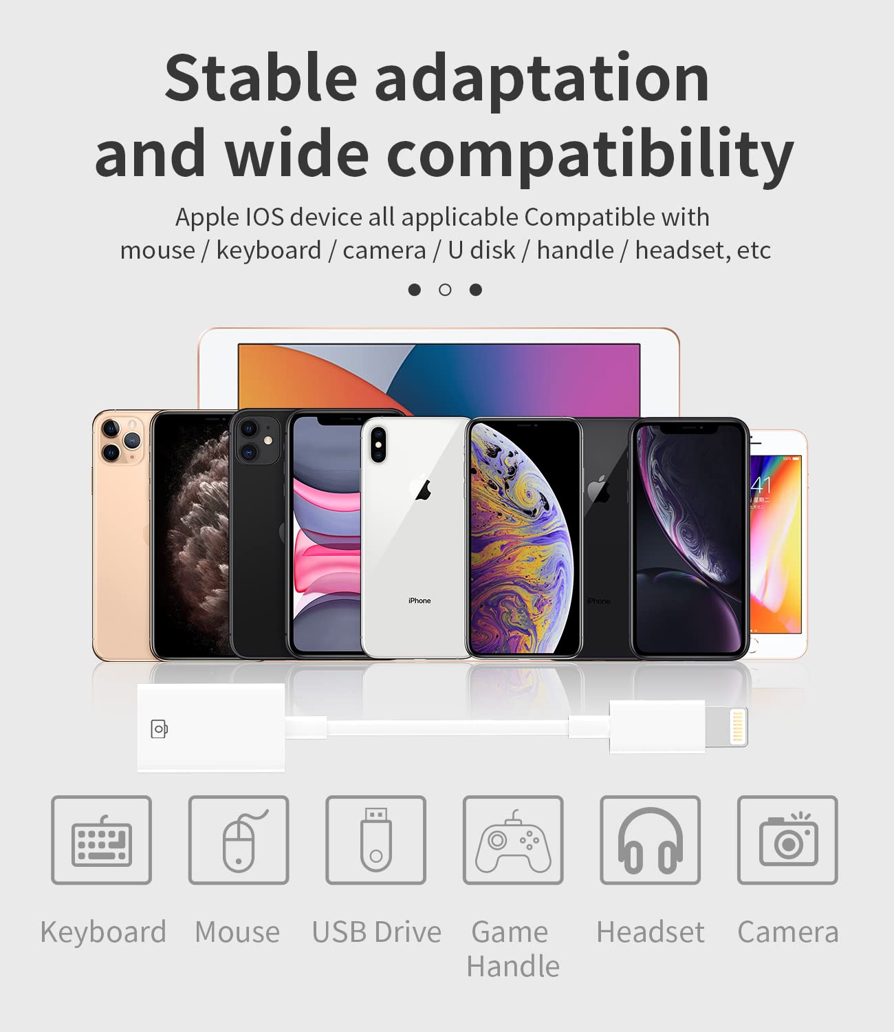 iPhone OTG Adapter Lightning Male to USB Female Dongle Cable Compatible with 13 11 12 Pro Max Mini Xr X Xs 8 7 Se Plus for Apple Ipad Air Camera Card Reader Flash Drive Mouse Keyboard Hub MIDI U Disk