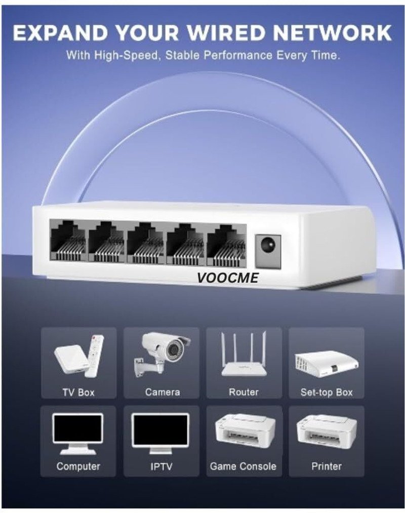 VOOCME 5 Port Ethernet Switch, Plug & Play, 10/100 Mbps, 1Gbps, Upto 100m Transmission Wireless Ethernet LAN Adapter compatible with Linux - image 2