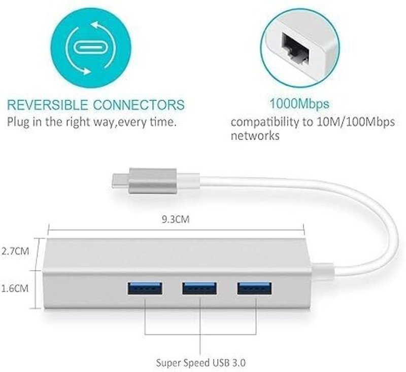 VOOCME USB 3.0 Type C 3.1 for RJ45 Ethernet LAN Adapter Cable with 3 Ports USB Hub Wired Ethernet Lan Adapter compatible with Mac - image 2