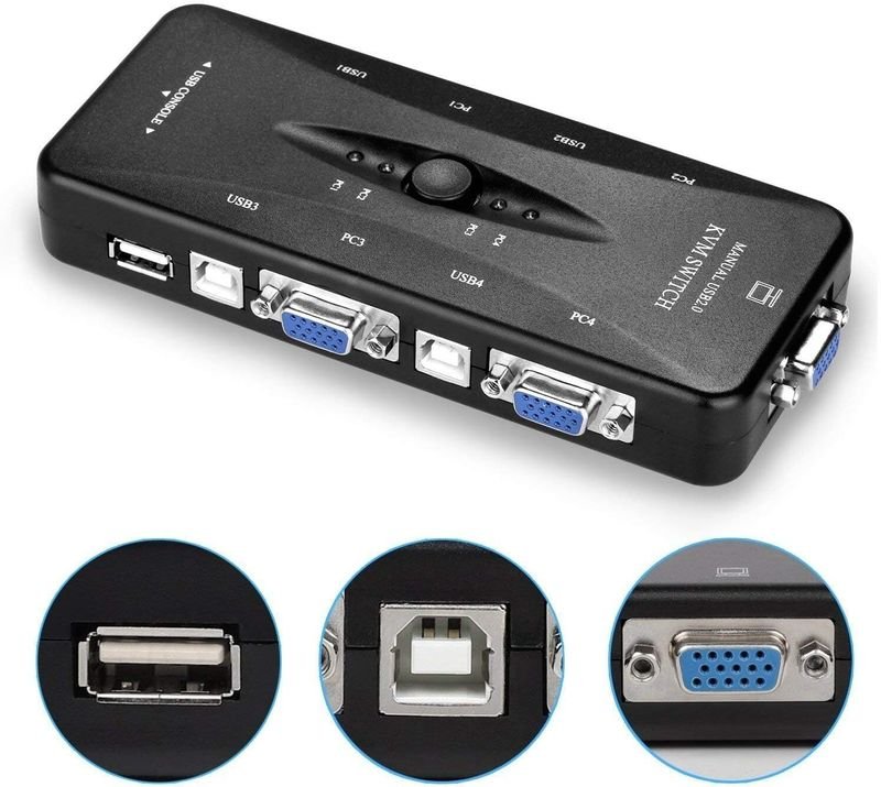 VOOCME 4 Ports USB KVM VGA Switcher, USB 2.0 KVM Switch Box Adapter,One-Button Swapping 24 cm KVM Console - image 2