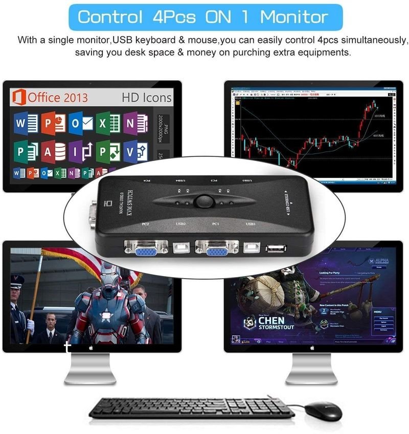 VOOCME 4 Ports USB KVM VGA Switcher, USB 2.0 KVM Switch Box Adapter,One-Button Swapping 24 cm KVM Console - image 5