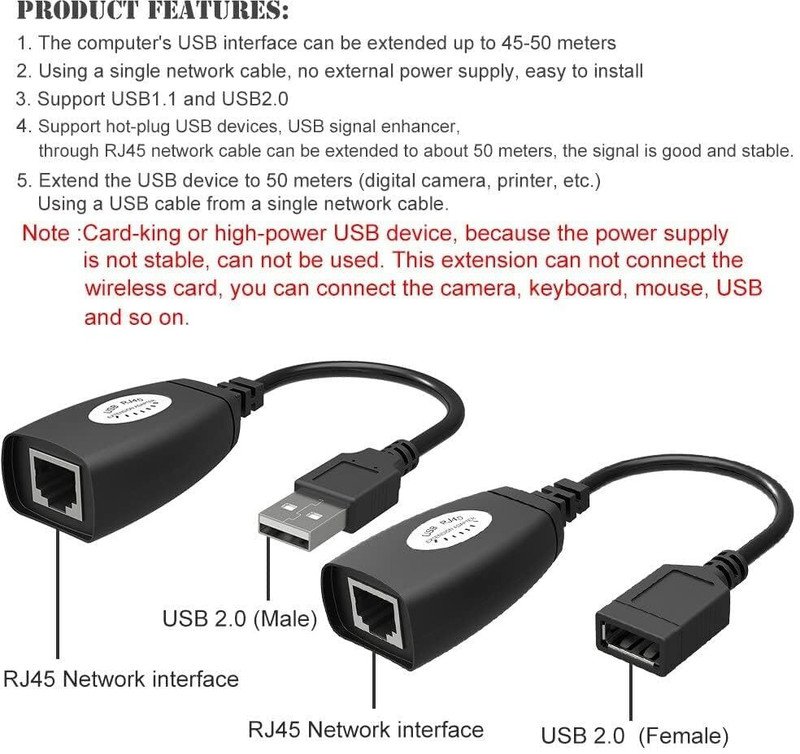 VOOCME 150 Ft USB Male to RJ45 + USB Female Over Cat5/5e/6 Extension Adapter Wired Ethernet LAN Adapter compatible with Mac, Windows - image 4