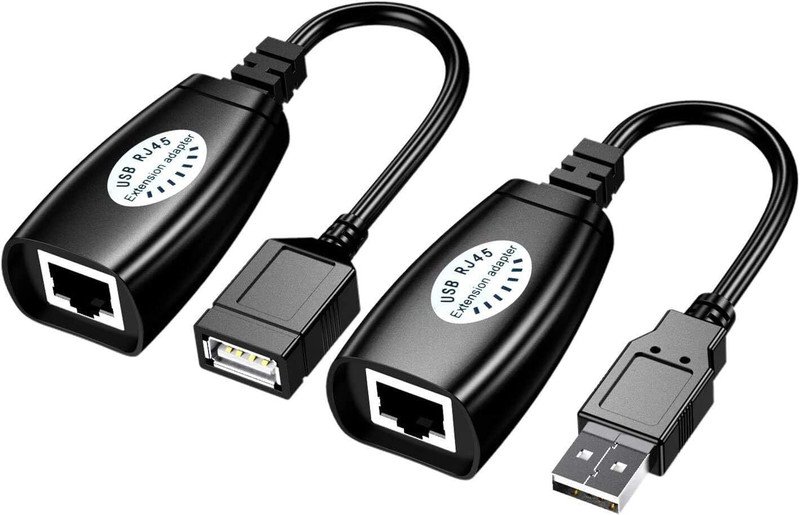 VOOCME 150 Ft USB Male to RJ45 + USB Female Over Cat5/5e/6 Extension Adapter Wired Ethernet LAN Adapter compatible with Mac, Windows - image 1