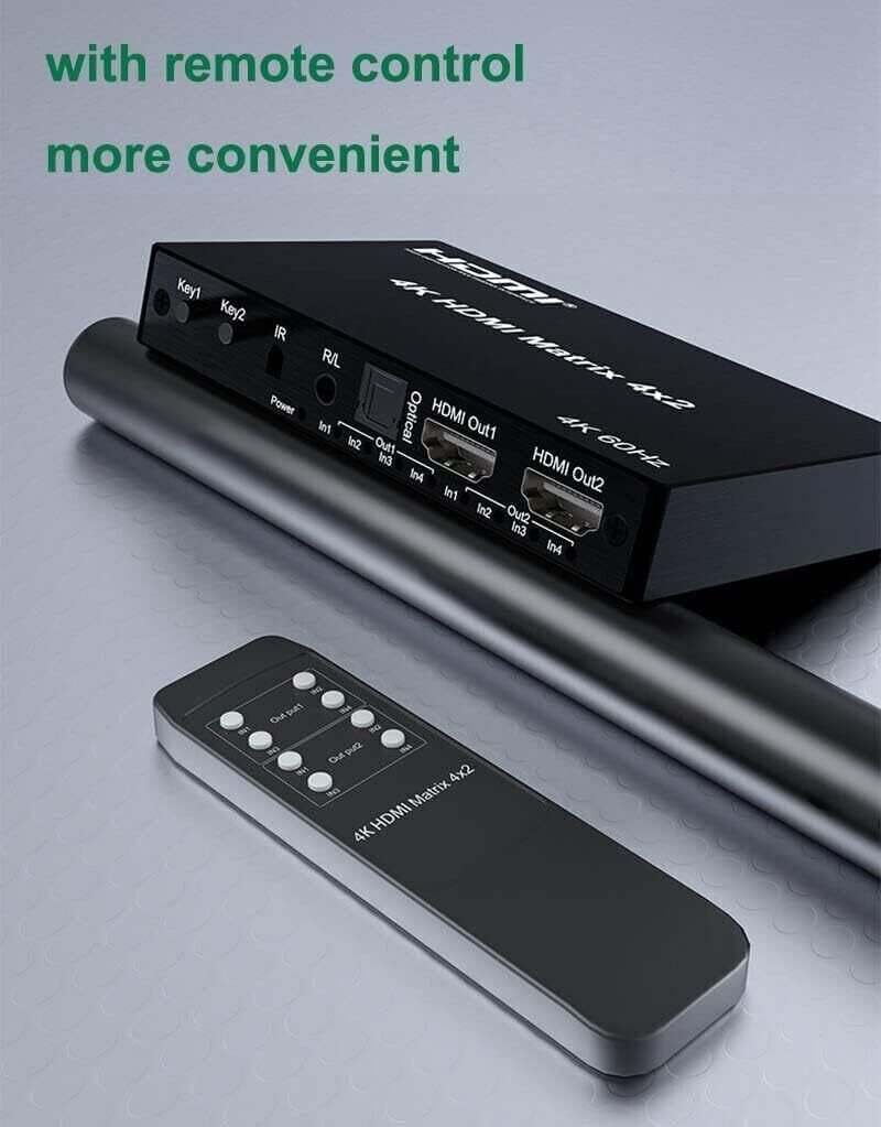 VOOCME 4K 60Hz HDMI Matrix Switcher 4x2 HDMI Switcher Splitter 4 in 2 Out with Optical Media Streaming Device - image 5