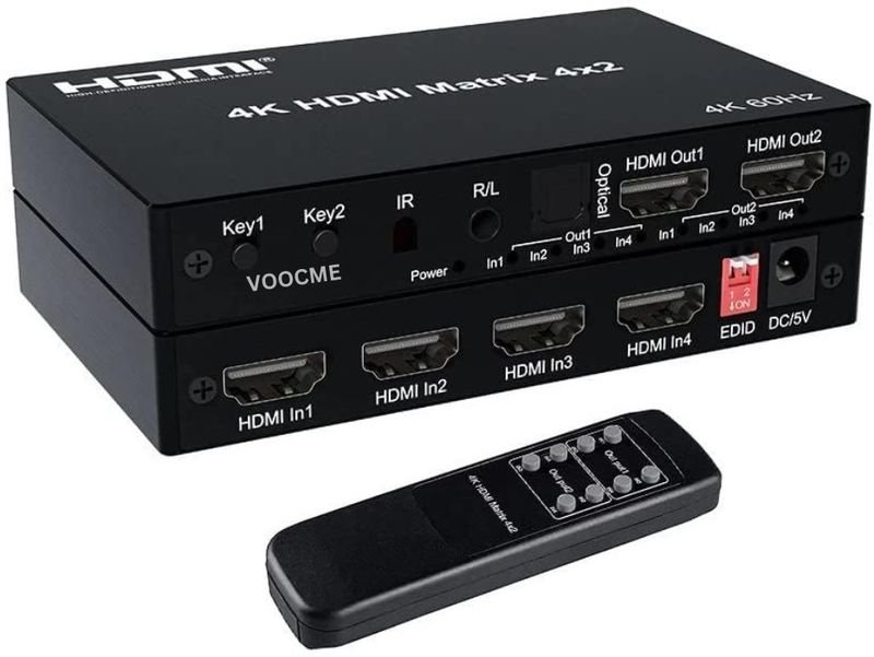 VOOCME 4K 60Hz HDMI Matrix Switcher 4x2 HDMI Switcher Splitter 4 in 2 Out with Optical Media Streaming Device - image 1