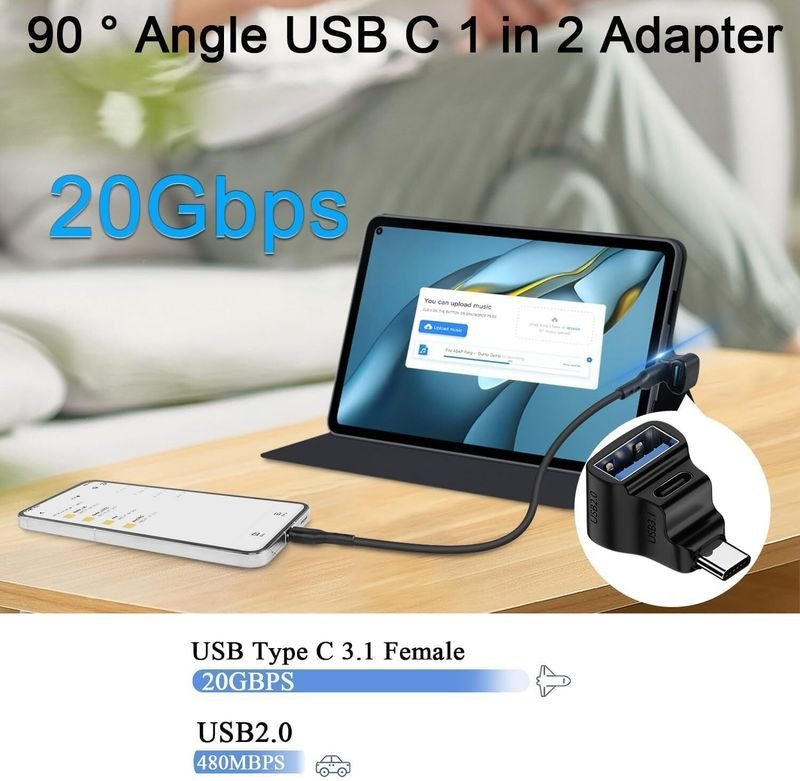 VOOCME USB C 3.1 Male to Dual Female Right Angle Connector 90° Angle USB C 1 in 2 Adapter USB Charger - image 4