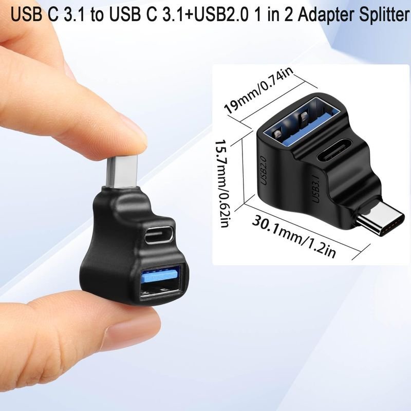 VOOCME USB C 3.1 Male to Dual Female Right Angle Connector 90° Angle USB C 1 in 2 Adapter USB Charger - image 2