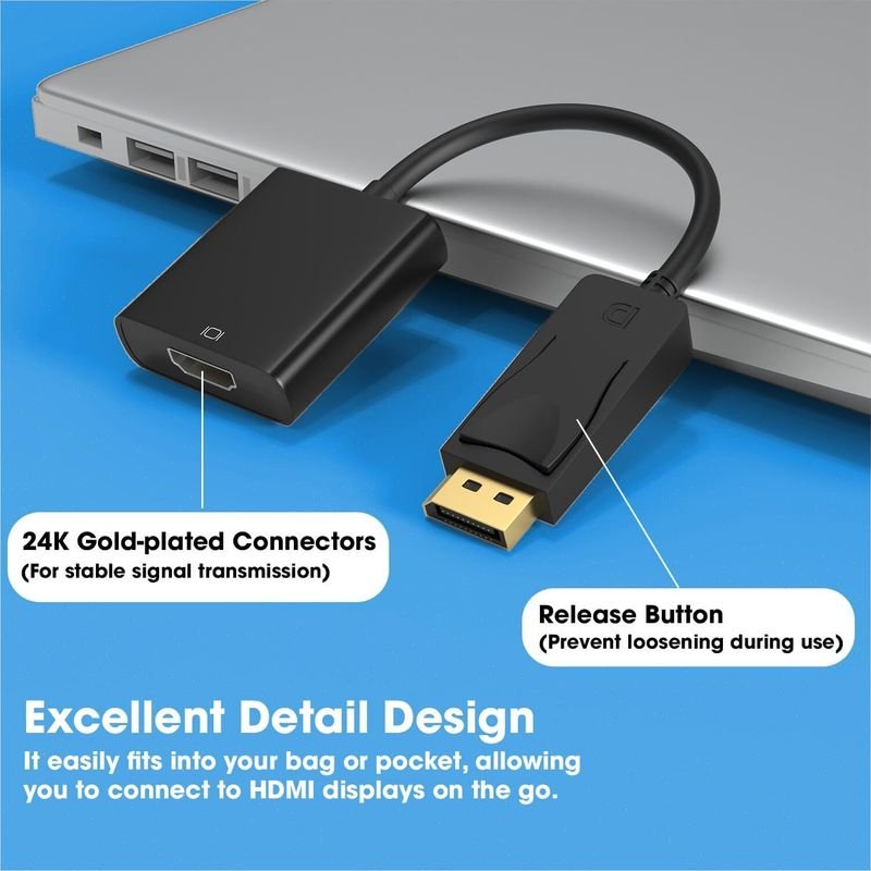 VOOCME Display Port to Hdmi Adapter, 1080P Display Port Dp to Hdmi Cable Male to Female Port Support Video & Audio Compatible with Computer..... HDMI Connector - image 3
