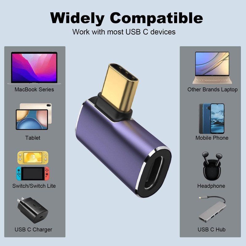 VOOCME USB C 90 Degree Adapter, Right Angle Type C Male to Female Adapter Support 100W Fast Charging 40Gbps Data Transfer 8K@60Hz Video - Pack of 1 Laptop Accessory - image 2