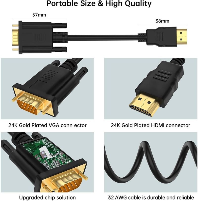 VOOCME HDMI Cable 2 A 1.8 m Gold Plated 1.8 m Gold Plated Hdmi To Vga Cable Gold-Plated Adapter 1080P - image 3