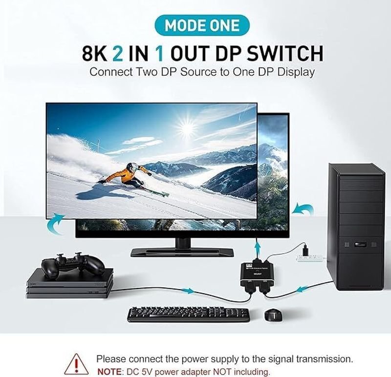 VOOCME Displayport Switch, 8K@30Hz Bi-Directional DP 1.4 Switcher, Two-Way DP Switch Selector Box 2x1 or 1x2, 4K@120Hz Manual Display Port Splitter 2 in 1 Out Laptop Accessory - image 2