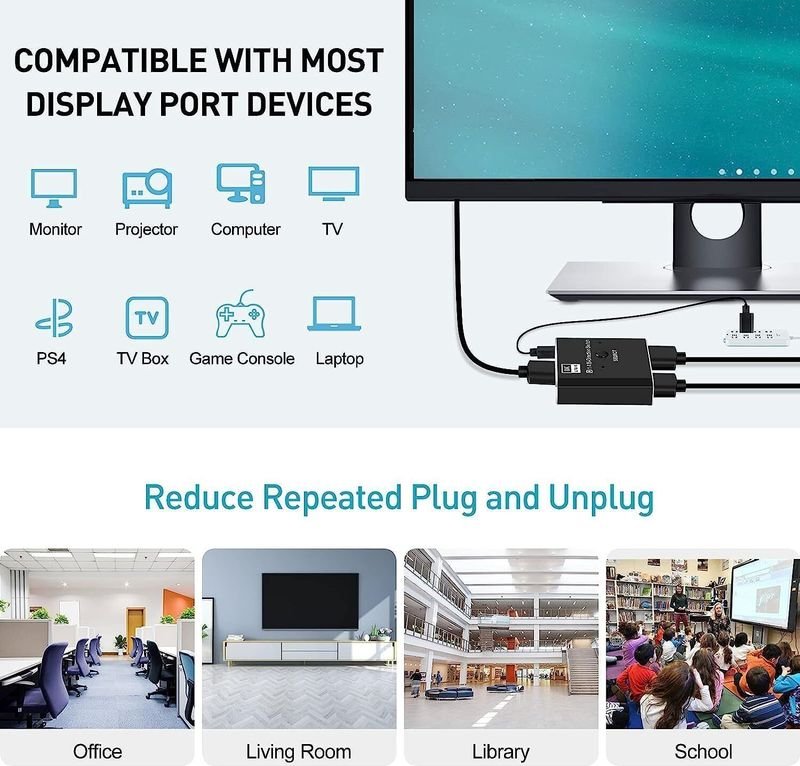 VOOCME Displayport Switch, 8K@30Hz Bi-Directional DP 1.4 Switcher, Two-Way DP Switch Selector Box 2x1 or 1x2, 4K@120Hz Manual Display Port Splitter 2 in 1 Out Laptop Accessory - image 5