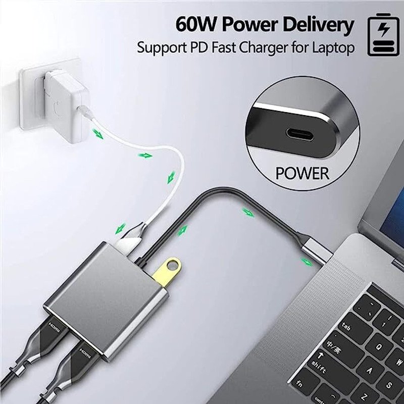 VOOCME HDMI Adapter 0.4 m USB Hub USB C Hub USB C to Dual HDMI Adapter 4 in 1 USB ADAPTER - image 2