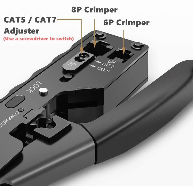VOOCME Ultimate Pass Thru Crimper for Cat5 Cat5e Cat6 Network Connectors Cat6a Cat7 Shielded Modular Plugs RJ45 RJ12 RJ11 (Strip Cut and Crimp All-in-One. Handle) Corded Crimper - image 4