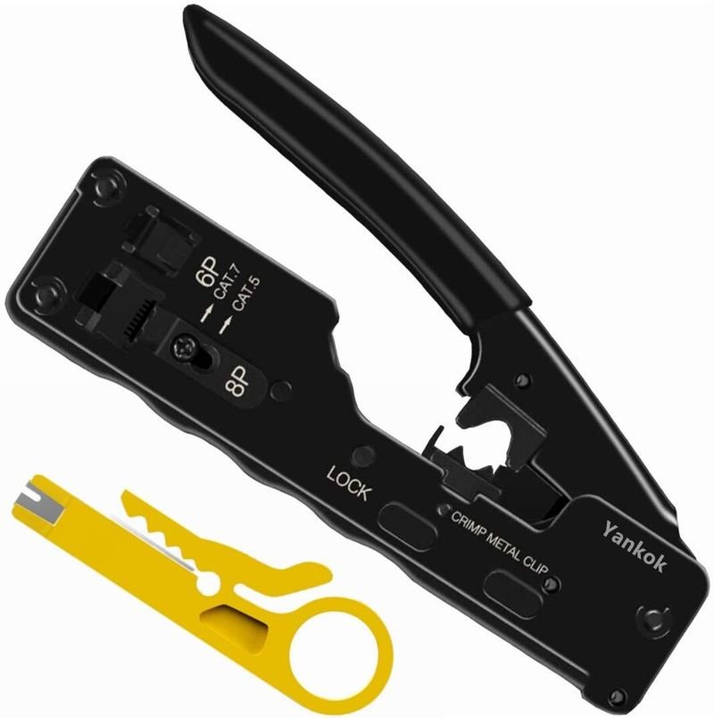 VOOCME Ultimate Pass Thru Crimper for Cat5 Cat5e Cat6 Network Connectors Cat6a Cat7 Shielded Modular Plugs RJ45 RJ12 RJ11 (Strip Cut and Crimp All-in-One. Handle) Corded Crimper - image 1