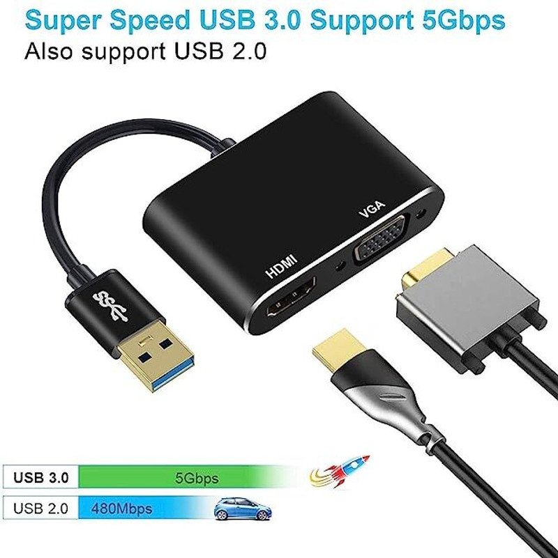 VOOCME VGA Cable 0.4 m USB 3.0 to HDMI VGA Adapter Converter 2 in 1 USB to HDMI VGA - image 1