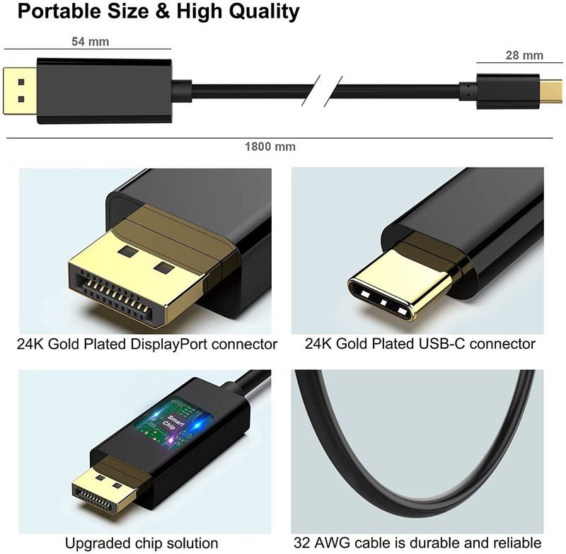 VOOCME Thunderbolt Cable 1.8 m Gold Plated USB C to DisplayPort Cable 8K@60Hz, 4K 144Hz 120Hz Thunderbolt 3 Cable - image 3