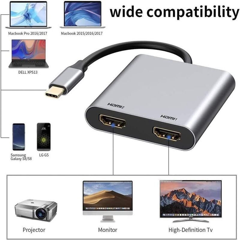 VOOCME Type C 2 A 0.5 m NA Type C to Dual HDMI Adapter 4K@60hz, Type C to HDMI Splitter - image 3
